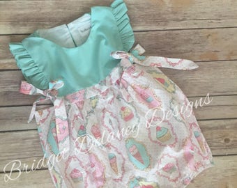 SALE! Infant/toddler Bubble romper personalized, monogrammed, ice cream cone print