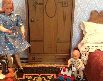 Antique Art Nouveau Wooden Miniature Wardrobe for 1:12 Scale Dollhouse