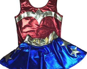 Children's Metallic Wonder Woman Costume - Mini Skater Skirt and Metallic Red Bodysuit outift