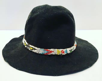 Vintage Black bucket hat with Native American bead headband design. Felt, Measures 23.5 inches inside. Festival, Summer, Americana, concert.