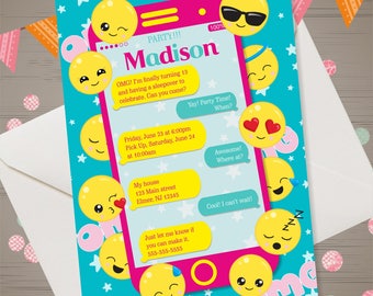 Emoji Birthday Invitation Messenger Invitation Teen Birthday Party Cell Phone Texting Invite Slumber Party Sleepover Invitation Girls Party