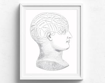 Phrenology Head Poster, Psychology Art, Medical Illustration, Weird Victorian, Vintage Style Print