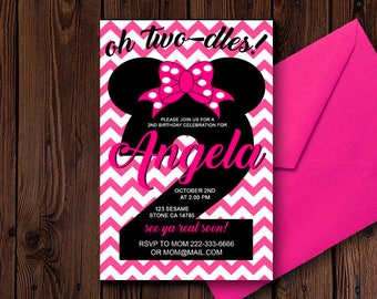 Inviti Di Compleanno Digitali 'You Print' Minnie Mouse Per Il 2° Compleanno, Tema Rosa, Personalizzabili.