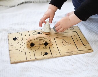 Original Hand Illustrated Wooden Playboard Block Game Town City