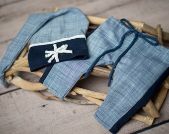 The Daniel-Photography prop boys-night cap-pant-set-white and blue-ready to ship newborn-made to order sitter- soft cotton