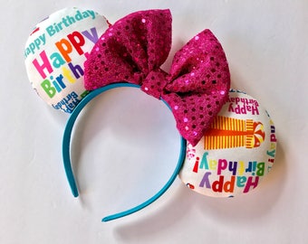 Happy Birthday Ears, Birthday Ears, Minnie ears, Disney ears,Disney Mouse Ears, Minnie Mouse Ears, Birthday Fabric Ears, Sequin Bow Ears