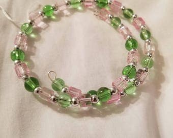 Pink, Green, & Silver Wrap Bracelet, Glass beads, Nickel-free Memory Wire. BR10