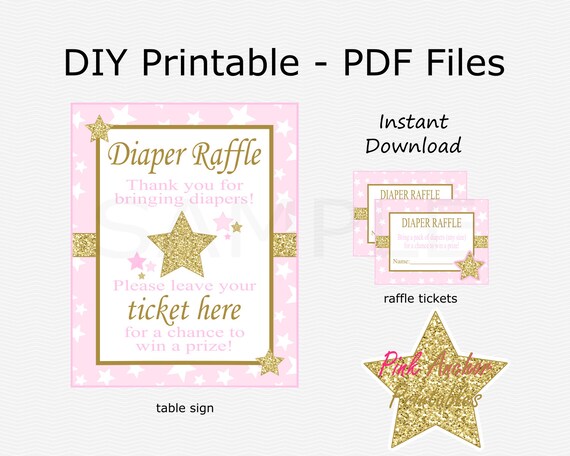 star diaper raffle tickets and table sign pink gold
