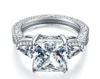 SAVE 25% Art Deco Engagement Ring - 4 Ct Princess Cut Prong Set Stone Solid 925 Sterling Silver - Vintage Style Engagement Ring- Sterling Si