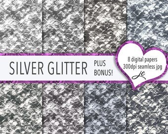 Silver Glitter Digital Papers + BONUS Photoshop Pattern Files, Seamless, Glitter Textures, Backgrounds, Clipart, Personal and Commercial Use