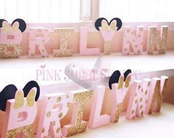 Pink and Gold Minnie Mouse Birthday Decorations - Glitter Letters - Self Standing - Stand Alone - Minnie Mouse Letters - Cake Table Letters