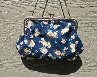 Metal frame purse/ Blue purse with white flowers