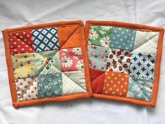 Colorful patchwork pot holders set of two