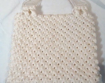 Vintage 1970s handmade white 'Accneto Craft' macrame purse with clear handles