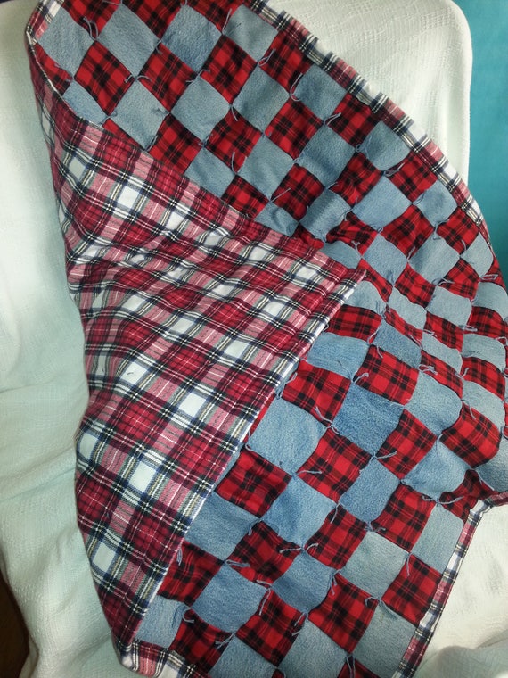 Baby Quilt or Lap Robe handcrafted blue denim and red plaid