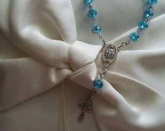 Blue crystal one decade car rosary with Miraculous Medal center
