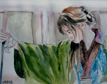 watercolor woman Samurai concentrated