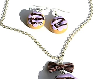 Purple chocolate fimo donuts earrings and necklace