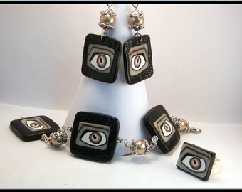 Cane eye with polymer clay and glass bead bracelet/earrings/ring set