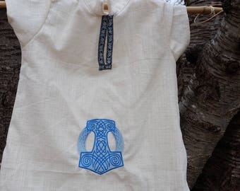 Tunic, embroidered fantastic medieval child shirt Mjöllnir and wolves