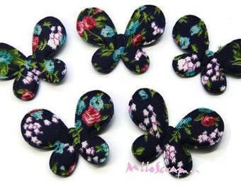 Set of 5 blue butterfly fabric dark flowers embellishment scrapbooking card making (ref.610) *.