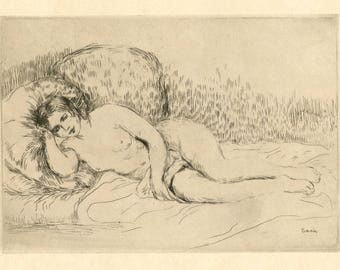 Pierre-Auguste Renoir original etching "Femme nue couchee (Tournee a gauche)"