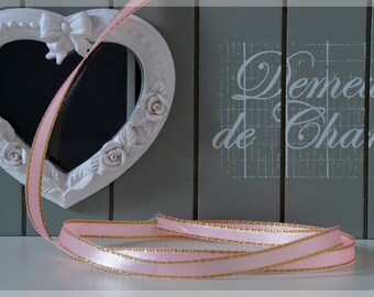 10M Ruban satin rose à bordure dorée largeur 7 mm