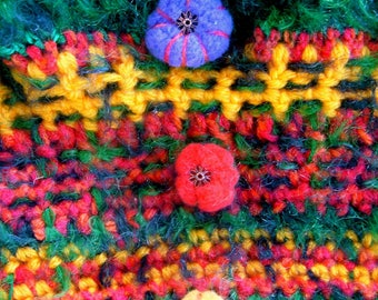 Bag Ploum-Ploum, wool, crochet, green, red, yellow gold