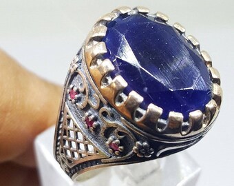 handmade mens jewelry 925 sterling silver men ring blue sapphire ruby stone