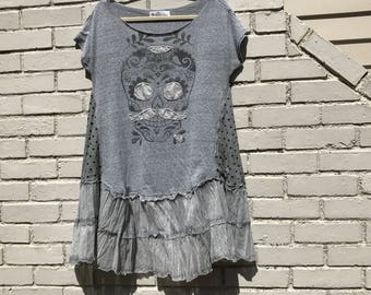 Goth, Sugar Skull, Day of the Dead, upcycled dress/tunic, Large-XL, Festival clothing, Melbury Road.