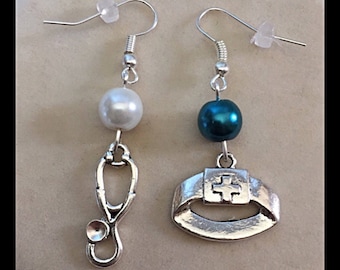 Earrings mismatched medical "cuff and stethoscope"