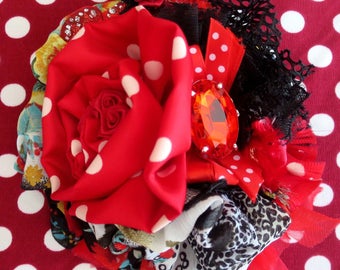 Brooch Shabby Chic "PAQUITA" black and red, Bohemian, espagnolade and gitanerie