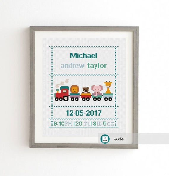 Cross stitch baby birth sampler, birth announcement, train with animals, DIY customizable pattern** instant download