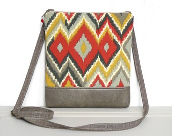 Boho Crossbody Bag, Fabric Hip Bag, Zipper Cross Body Purse - Azteca Diamonds in Red, Gray and Gold