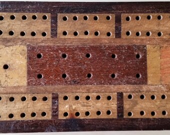 Vintage Cribbage game set / wood case with card deck and pegs