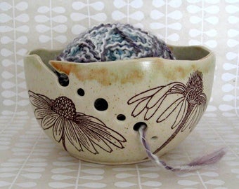 Knitting Bowl - Yarn Bowl - Cone Flowers - Hand Thrown Ceramic Stoneware Pottery