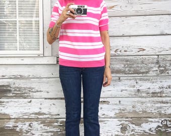 Vintage 60s pink shirt/sweater,lightweight,striped top,chic,cute,nautical,short sleeve,novelty,zipper,casual,soft