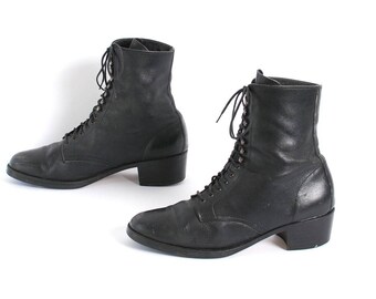 size 7.5 VICTORIAN black leather GRUNGE 80s 90s WESTERN lace up ankle boots