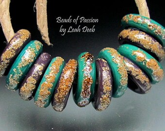Handmade Glass Ring Beads Lampwork - 12 Mixed Shiny Organic Sliders - Xtra Sm