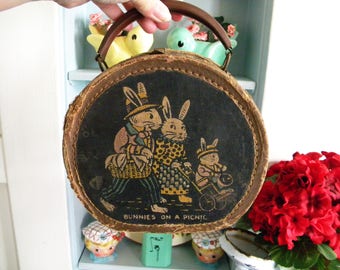 Vintage Child's Suitcase Round Doll Case with Bunny Rabbit Family on Picnic Antique Train Case Toy
