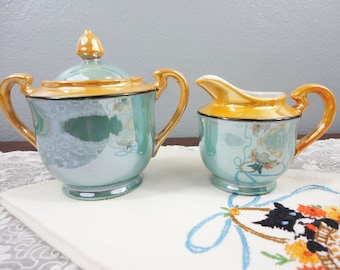 Vintage Japanese Blue and Orange Lusterware/Iridescent Porcelain Creamer and Sugar Set