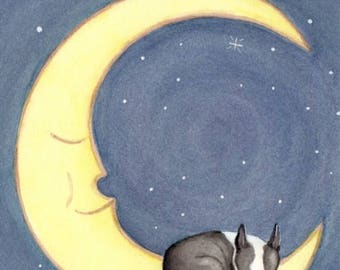 Boston terrier sleeping on the moon / Lynch signed folk art print