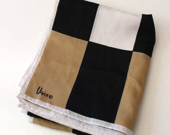 Vintage Vera Scarf. Black, white, tan squares, vintage 1980s oblong.