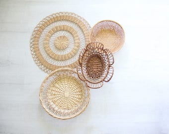Collection of Boho Vintage Straw Wall Weavings Baskets