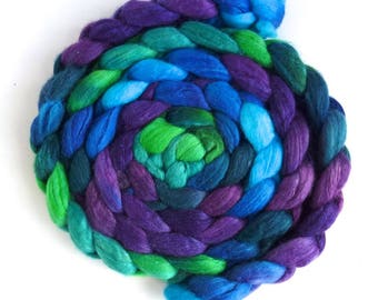Polwarth/Silk 60/40 Roving - Handpainted Spinning or Felting Fiber, Cool Storm