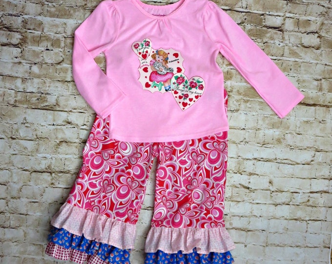 Valentine's Day Outfit - Little Girls Outfit - Ruffle Pants - READY TO SHIP - 2t only