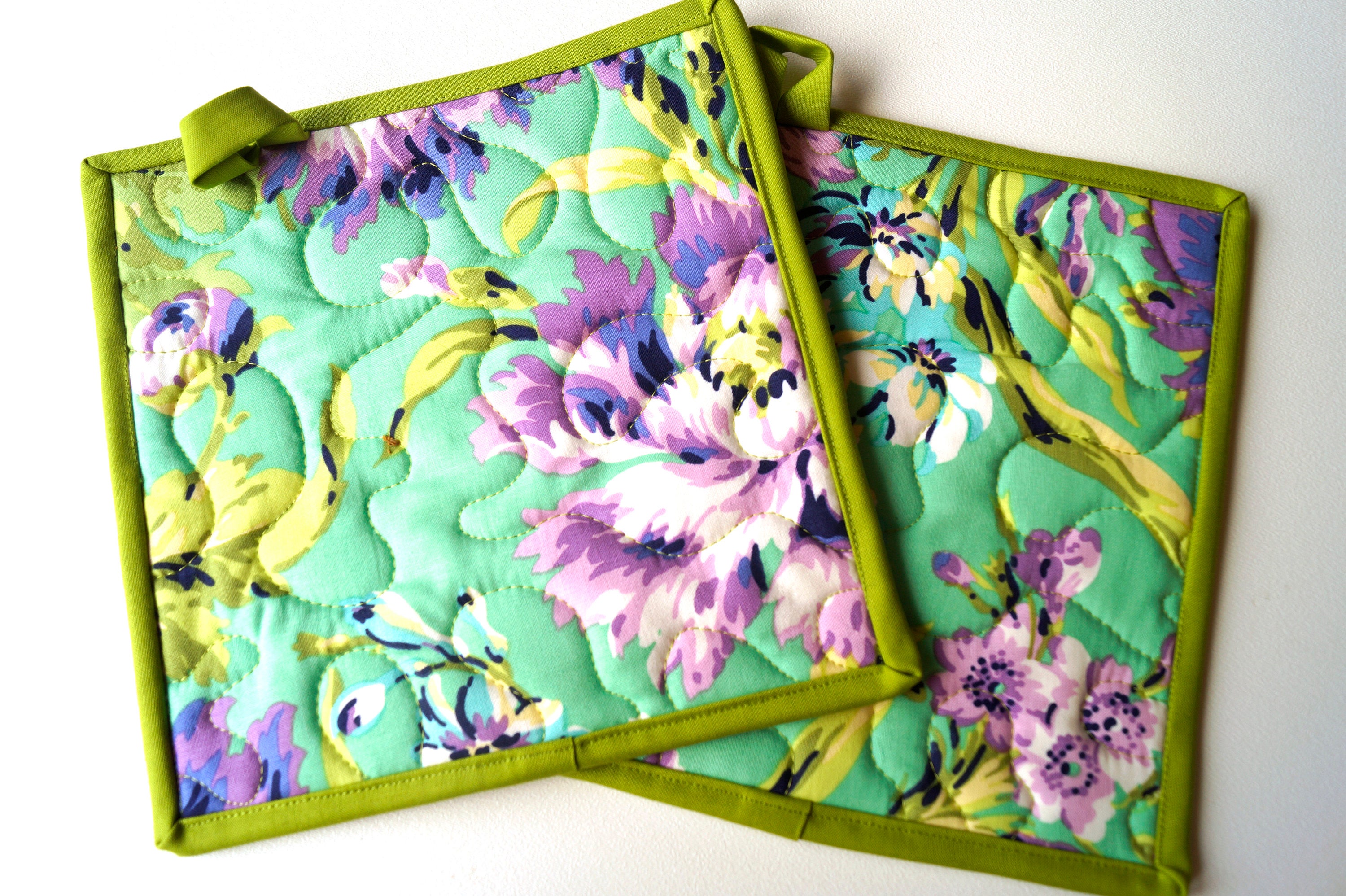 Floral Pot Holders in Purple and Teal Quilted Fabric Set of