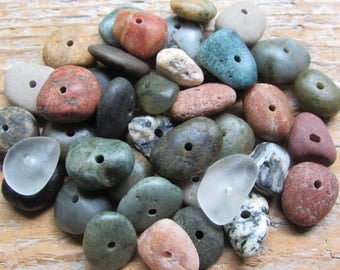 COLORFUL Drilled Beach Stones & Beach Glass Beads Lake Stones Sea Glass 1.5mm w/ BONUS Heart Stone Charm