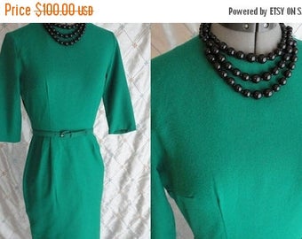 ON SALE 50s 60s Dress // Vintage 1950's 1960's Emerald Green Wiggle Dress with belt by Style Row Size S 25" waist