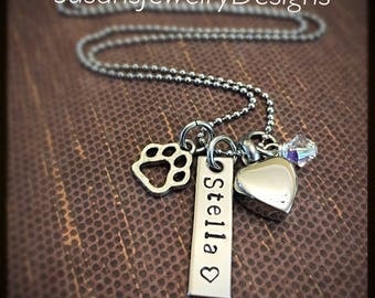 Pet Heart Urn Necklace - stainless steel 1 sided rectangle disc & heart urn and chain - Swarovski crystal - paw print charm - custom wording